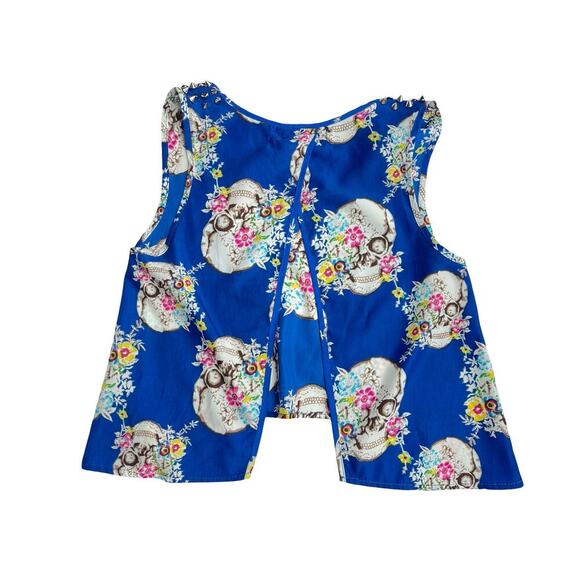 Blue Skull Floral Studded Sleeveless Crop Tank Top, Edgy Festival - Size S/M - Picture 3 of 11